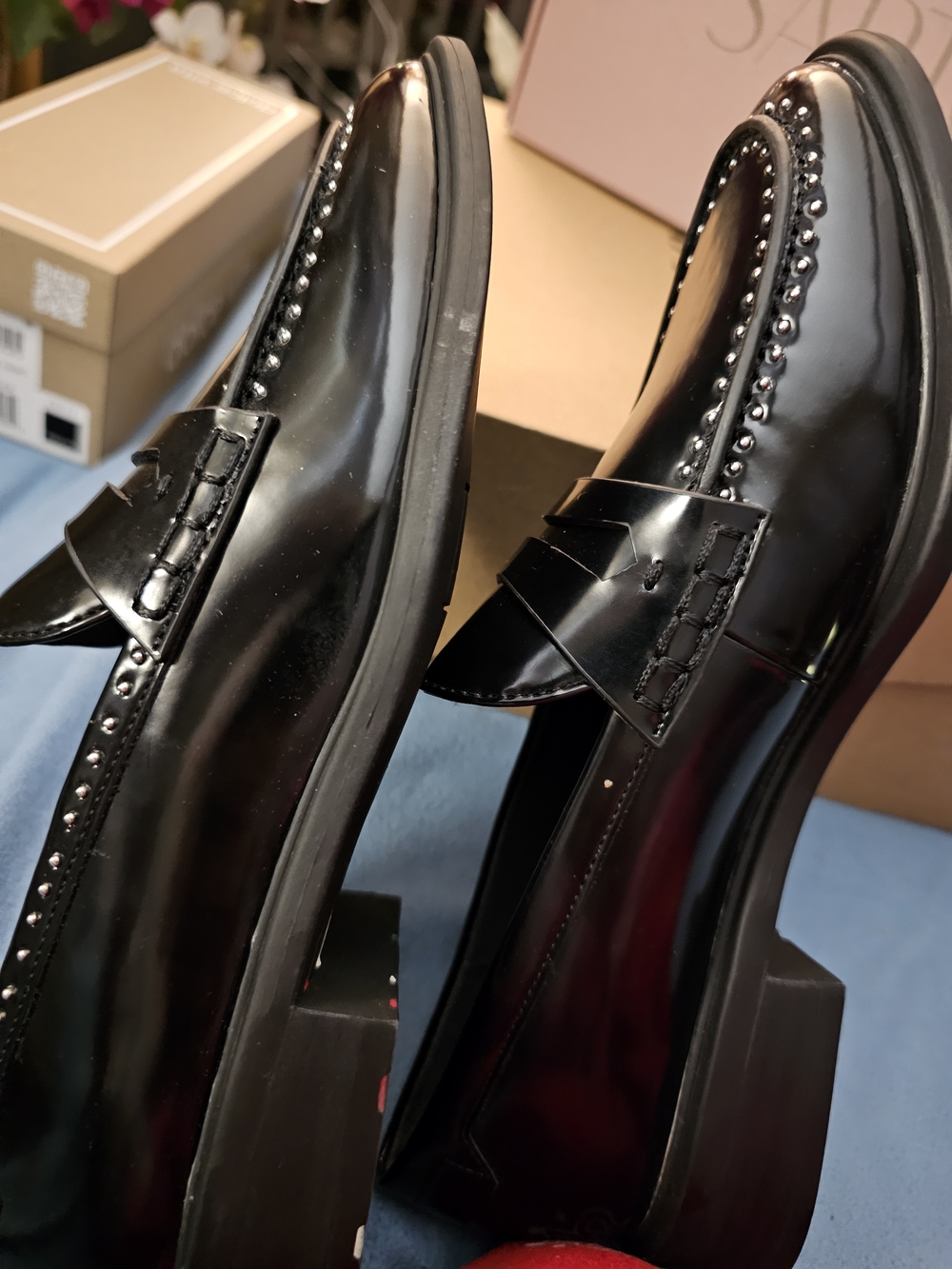 The Franco Sarto Women's Eden Black Patent Studded Penny Loafers - Picture 6 of 10